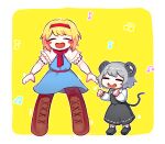  2girls alice_margatroid animal_ears bangs black_footwear blonde_hair blue_dress blush_stickers boots brown_footwear capelet clenched_hand closed_eyes commentary_request cookie_(touhou) dress eyebrows_visible_through_hair full_body grey_hair grey_skirt grey_vest hairband highres hita_(hizokuseikogeki) ichigo_(cookie) long_sleeves mouse_ears mouse_girl mouse_tail multiple_girls musical_note nazrin necktie nyon_(cookie) open_mouth puffy_short_sleeves puffy_sleeves red_hairband red_necktie shirt shoes short_hair short_sleeves skirt smile socks tail thigh_boots thighhighs touhou vest white_capelet white_legwear white_shirt 