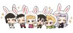  6+boys animal_ears animal_hood black_hair blonde_hair blue_eyes bruno_buccellati bunny_hood chibi chin_stroking closed_eyes fake_animal_ears fu_r_y giorno_giovanna guido_mista hood jojo_no_kimyou_na_bouken leone_abbacchio multiple_boys narancia_ghirga pannacotta_fugo pose purple_eyes sparkle vento_aureo 