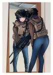  1girl assault_rifle black_hair blue_eyes brown_hoodie brown_sleeves bulletproof_vest denim from_behind gun headset helmet highres hood hoodie jeans long_sleeves mirror night_vision_device original pants reflection rifle rpk-16 solo tactical_clothes timmyyen weapon 