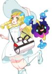  1girl :o absurdres arm_up bag bangs blonde_hair blunt_bangs blush braid collared_dress commentary_request cosmog dress duffel_bag eyelashes green_eyes hat highres kneehighs leg_up lillie_(pokemon) long_hair open_mouth poke_ball_theme pokemon pokemon_(creature) pokemon_(game) pokemon_sm sasami_hachi see-through shoes simple_background sleeveless sleeveless_dress sun_hat sundress tongue twin_braids white_background white_dress white_headwear white_legwear 