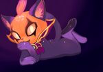  ahkin butt domestic_cat felid feline felis female feral fur league_of_legends licking looking_at_viewer lying mammal on_front paws pumpkin_head purple_body purple_fur riot_games simple_background solo tongue tongue_out video_games yuumi_(lol) 