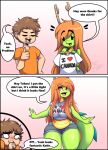  absurd_res anthro big_breasts breasts clothed clothing dialogue dragon duo english_text female hair hi_res human long_hair male mammal navel open_mouth scalie senpaimisskitty shirt speech_bubble text topwear wide_hips 