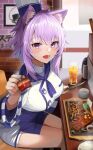  1girl :d animal_ear_fluff animal_ears bangs blue_hair blue_neckerchief blush breasts cat_ears commentary_request cup eyebrows_visible_through_hair food fork hat highres holding holding_fork hololive incoming_food knife large_breasts long_hair long_sleeves looking_at_viewer multicolored_hair neckerchief nekomata_okayu onigirya_(nekomata_okayu) purple_eyes purple_hair shirt shorts sitting smile solo sora_no_tori steak streaked_hair virtual_youtuber white_shirt white_shorts 