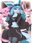  anthro belly breasts bullying clothing eeveelution espeon eyewear female flashing gesture glaceon group hi_res jacket knee_highs leather leather_clothing leather_jacket leather_topwear legwear looking_at_viewer naika navel nintendo pointing pointing_at_viewer pok&eacute;mon pok&eacute;mon_(species) sunglasses sylveon teasing topwear video_games 