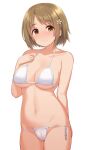  1girl bikini brown_eyes brown_hair closed_mouth collarbone commentary_request eyebrows_visible_through_hair flower hair_flower hair_ornament idolmaster idolmaster_cinderella_girls looking_at_viewer mimura_kanako navel short_hair side-tie_bikini simple_background smile solo swimsuit tomajiyama white_background white_bikini 