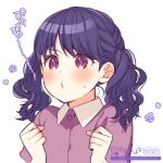  1girl bangs black_hair blush commentary_request fukumaru_koito highres idolmaster idolmaster_shiny_colors long_hair purple_eyes purple_shirt shirt short_sleeves solo sweatdrop translation_request tsuwakoha twintails upper_body whistling white_background 