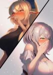  2girls absurdres bangs bare_shoulders blonde_hair blue_bow blush bow breasts commentary_request grey_background grey_hair hair_bow hand_up highres hololive large_breasts long_hair multiple_girls nose_blush off-shoulder_shirt off_shoulder ohako_(ohako1818) orange_eyes pointy_ears ponytail shiranui_flare shirogane_noel shirt short_hair upper_body white_shirt yuri 