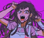 1girl apron bangs black_hair breasts brown_hair collared_shirt commentary_request danganronpa_(series) danganronpa_2:_goodbye_despair holding holding_hair large_breasts long_hair looking_at_viewer messy_hair miying_(ho_ru03_15) mole mole_under_eye multicolored_hair open_mouth pink_background pink_shirt puffy_short_sleeves puffy_sleeves shirt short_sleeves sketch solo teeth tsumiki_mikan two-tone_hair upper_body 