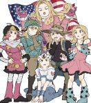  2girls 4boys american_flag argyle argyle_sweater blonde_hair diego_brando dress fu_r_y funny_valentine gloves grills gyro_zeppeli hat helmet hood hoodie hot_pants_(sbr) johnny_joestar jojo_no_kimyou_na_bouken kneeling lucy_steel multiple_boys multiple_girls pink_dress red_hair steel_ball_run sweater 