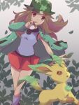  1girl 343rone absurdres blue_legwear blue_shirt brown_eyes brown_hair buttons camouflage camouflage_headwear coat coat_on_shoulders commentary_request eyelashes floating_hair green_coat hand_up hat highres holding holding_poke_ball kneehighs knees leaf_(pokemon) leafeon long_hair official_alternate_costume pleated_skirt poke_ball pokemon pokemon_(creature) pokemon_(game) pokemon_frlg pokemon_masters_ex red_skirt safari_ball shirt skirt sleeveless sleeveless_shirt twitter_username watermark wristband 