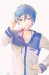  1boy absurdres beileimao blue_eyes blue_hair choker coat hand_in_hair hand_up highres kaito_(vocaloid) long_hair male_focus ribbon ribbon_choker short_hair simple_background solo vocaloid 