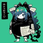  1girl :&lt; animal_costume barefoot blue_bow blue_eyes blue_hair bow cosplay fake_tail gloves hair_bow kigurumi long_hair patch patches solo tail touhou translation_request yorigami_shion yt_(wai-tei) 