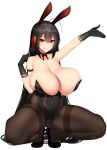  1girl absurdres ahoge animal_ears ass_visible_through_thighs azur_lane bare_shoulders black_choker black_footwear black_gloves black_hair black_hairband black_legwear black_leotard breasts cameltoe chixiao choker cleavage closed_mouth covered_navel fake_animal_ears full_body gloves hair_between_eyes hairband high_heels highres huge_breasts leotard licking_lips light_smile long_hair looking_at_viewer outstretched_arms pantyhose playboy_bunny rabbit_ears red_eyes shoes simple_background solo squatting taihou_(azur_lane) thighband_pantyhose tongue tongue_out very_long_hair white_background 