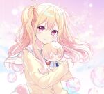  1girl blonde_hair bubble cardigan character_doll closed_mouth cloud doll dot_nose eyebrows_visible_through_hair eyelashes floating_hair hair_between_eyes highres kanjyu0919 light_blush looking_at_viewer neckerchief object_hug pastel_colors pink_background pink_eyes pink_theme project_sekai red_neckerchief sailor_collar sidelocks simple_background sleeves_past_wrists smile solo star_(symbol) stuffed_toy tenma_saki tenma_tsukasa triangle tsurime twintails wavy_hair white_sailor_collar yellow_cardigan 
