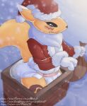  anthro bag bandai_namco blush canid canine chimney clenched_teeth clothing costume diaper digimon digimon_(species) distressed feces female fox mammal messy_diaper paddedulf renamon rooftop santa_costume scat snow snowing soiling solo stuck teeth 