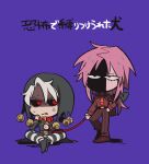  2boys anger_vein black_sclera chibi colored_sclera diavolo formal grey_hair hat hat_bobbles jacket jacket_on_shoulders jojo_no_kimyou_na_bouken karabako leash male_focus multiple_boys necktie pants polka_dot_hair red_eyes risotto_nero shaded_face striped striped_pants suit vento_aureo vertical-striped_pants vertical_stripes 