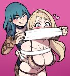  2girls :q arms_behind_back bangs bdsm beige_bra beige_panties black_choker black_nails blonde_hair blue_eyes blue_hair blush bondage bound breasts bridal_gauntlets byleth_(fire_emblem) byleth_(fire_emblem)_(female) choker cloth_gag commentary_request cowboy_shot eyebrows_visible_through_hair fire_emblem fire_emblem:_three_houses gag gagged hair_between_eyes heart highres improvised_gag jam-orbital large_breasts long_hair looking_at_viewer mercedes_von_martritz multiple_girls nail_polish navel pink_background simple_background smile standing stomach tongue tongue_out underwear underwear_only 