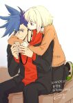  2boys black_jacket blonde_hair blue_eyes blue_hair cardigan casual galo_thymos green_hair highres hood hoodie hug hug_from_behind jacket kisekisaki kneeling lio_fotia male_focus multiple_boys promare purple_eyes red_eyes red_hoodie shared_headphones sidecut sitting smartphones smile spiked_hair 