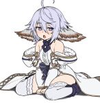  1girl :o ahoge animal_ears bangs bare_shoulders between_legs center_frills commentary_request eyebrows_visible_through_hair frills granblue_fantasy hair_between_eyes hand_between_legs houtengeki light_purple_hair looking_at_viewer open_mouth purple_eyes short_hair sitting solo thighhighs v_arms wamdus_(granblue_fantasy) 