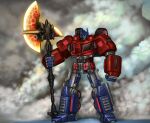  1boy autobot axe blue_eyes clenched_hand hdfm head_tilt highres holding holding_axe looking_at_viewer mecha no_humans optimus_prime science_fiction solo transformers transformers:_war_for_cybertron 