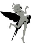  1girl antennae bad_anatomy barefoot black_sclera butterfly_wings colored_sclera dress eternity_larva eyebrows_visible_through_hair fairy full_body gretia greyscale leaf leaf_on_head monochrome short_hair short_sleeves simple_background single_strap solo touhou white_background wings 