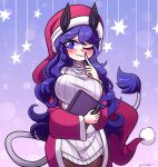  1girl :3 animal_ears black_legwear blue_eyes blue_hair blush book closed_mouth doremy_sweet eyebrows_visible_through_hair finger_to_mouth grey_sweater highres holding holding_book littlecloudie long_hair looking_at_viewer pantyhose red_headwear ribbed_sweater sleeveless sleeveless_sweater smile solo sweater tail touhou turtleneck turtleneck_sweater 