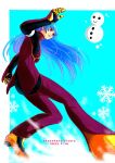  1girl bangs belt blue_background blue_hair bodysuit breasts eyebrows_visible_through_hair full_body gloves highres konohana_kisara kula_diamond long_hair medium_breasts purple_eyes simple_background smile snowflakes snowman the_king_of_fighters the_king_of_fighters_xv twitter_username 