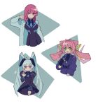  3girls black_shirt black_sweater blue_necktie breasts flat_chest green_eyes grey_eyes grey_jacket hair_ears jacket juliet_sleeves kouzuki_yuuko labcoat large_breasts long_sleeves medium_hair military military_uniform multiple_girls muvluv muvluv_alternative necktie pink_hair puffy_sleeves purple_eyes purple_hair shirt silver_hair sweater tamase_miki twintails uniform waving yashiro_kasumi yuri7s0 