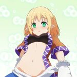  1girl :o blonde_hair breasts cato_(monocatienus) commentary eyebrows_visible_through_hair eyes_visible_through_hair from_below green_eyes looking_at_viewer looking_down medium_breasts mizuhashi_parsee navel open_clothes open_mouth pointy_ears short_sleeves simple_background solo stomach touhou upper_body 