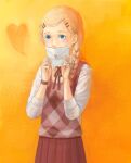  1girl blonde_hair blue_eyes blush braid checkered_clothes checkered_sweater_vest checkered_vest collared_shirt envelope hair_ornament hairclip heart holding holding_envelope kimmy_howell no_more_heroes orange_background school_uniform shirt simple_background skirt solo sweater_vest tochigai vest watch white_shirt wristwatch 