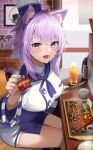  1girl :d animal_ear_fluff animal_ears bangs blue_hair blue_neckerchief blush breasts cat_ears cat_girl cat_tail commentary_request cup eyebrows_visible_through_hair food fork hat highres holding holding_fork hololive incoming_food knife large_breasts long_hair long_sleeves looking_at_viewer multicolored_hair neckerchief nekomata_okayu onigirya_(nekomata_okayu) purple_eyes purple_hair revision ribbon shirt shorts sitting smile solo sora_no_tori steak streaked_hair tail tail_ornament tail_ribbon virtual_youtuber white_shirt white_shorts 