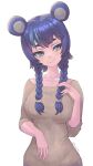  1girl absurdres animal_ears bear_ears bear_girl blue_eyes blue_hair blush breasts brown_sweater collarbone fujikura_uruka head_tilt highres long_hair medium_breasts parted_lips phase_connect ribbed_sweater roober smile solo sweater twitter_username upper_body virtual_youtuber white_background 