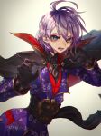  1boy androgynous asagizuisen belt blue_eyes cape corset epel_felmier fangs formal gloves highres long_sleeves looking_at_viewer pale_skin purple_hair twisted_wonderland vampire 