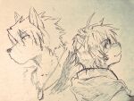  ahoge anthro canid canine canis clothing domestic_dog duo fur hair hi_res husky indeigo kouya_(morenatsu) male male/male mammal morenatsu nordic_sled_dog shun_(morenatsu) simple_background smile spitz traditional_media_(artwork) video_games visual_novel wolf 