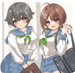  2girls alternate_costume bag black_hair blue_sailor_collar blue_skirt breasts brown_hair chougei_(kancolle) commentary_request cowboy_shot green_neckerchief grey_eyes hair_flaps hair_ornament hair_ribbon hair_rings hairclip highres jingei_(kancolle) kantai_collection kasashi_(kasasi008) large_breasts long_hair looking_at_viewer low_ponytail low_twintails multiple_girls neckerchief red_eyes ribbon sailor_collar school_bag school_uniform serafuku shirt skirt twintails white_shirt 