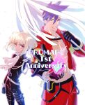  2boys androgynous anniversary ascot bare_pectorals black_gloves black_jacket blonde_hair blue_eyes blue_hair fire firefighter galo_thymos gloves green_fire half_gloves highres jacket kisekisaki lio_fotia male_focus matoi multiple_boys pectorals promare purple_eyes purple_fire pyrokinesis sidecut spiked_hair 