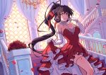  1girl absurdres black_hair breasts chandelier cleavage commentary commission dress elbow_gloves english_commentary feet_out_of_frame flower from_below gloves high_school_dxd highres himejima_akeno indoors large_breasts long_hair looking_at_viewer nifffi ponytail red_dress solo stairs very_long_hair white_gloves window 