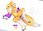  ambiguous_gender anthro bandai_namco blue_sclera chest_tuft clothed clothing crotch_tuft digimon digimon_(species) featureless_crotch fur gloves handwear lying navel on_side partially_clothed renamon simple_background skygracer solo spread_legs spreading tuft white_background white_body white_fur yellow_body yellow_fur 