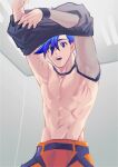  1boy abs absurdres arms_up blue_hair clothes_lift detached_sleeves firefighter galo_thymos groin highres male_focus mogloh1310 no_nipples pectorals puffy_pants shirt_lift single_detached_sleeve solo spiked_hair topless_male undressing wristband 