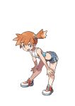  1girl :d bandeau bangs bent_over blue_eyes blue_footwear blue_shirt denim denim_shorts full_body grey_shorts hands_on_own_knees highres misty_(pokemon) mizutani_megumi multicolored_footwear official_art open_mouth orange_bandeau orange_hair pokemon pokemon_(game) pokemon_lgpe red_footwear shirt shoes short_hair shorts side_ponytail smile sneakers solo spiked_hair tied_hair tongue two-tone_shirt white_footwear white_shirt 