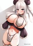  1girl arms_under_breasts bangs breast_curtains breasts chinese_clothes cleavage commission demon_girl double_bun huge_breasts marota navel original pelvic_curtain pixiv_request purple_eyes revealing_clothes solo thick_thighs thighhighs thighs white_hair white_legwear 