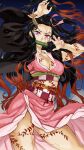  1girl black_hair blood breasts cleavage forehead hanzaki_jirou highres horns kamado_nezuko kimetsu_no_yaiba multicolored_hair orange_hair pink_eyes pink_nails single_horn solo tattoo veins veiny_thighs 