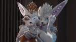  absurd_res anthro brown_body brown_fur daisy_(noah-the-husker) duo embrace female fur glowing glowing_markings grey_body grey_fur hand_on_chest hand_on_hand hand_on_head heterochromia hi_res hug huge_filesize male male/female markings noah-the-husker noah_(noah-the-husker) rexouium romantic romantic_couple white_body white_fur wholesome_hug 