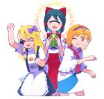  3girls @_@ alice_margatroid apron bangs black_hair blonde_hair bow braid capelet clenched_hand closed_eyes closed_mouth commentary_request cookie_(touhou) cup cyclops detached_sleeves extra_faces eye_print eyebrows_visible_through_hair fang feet_out_of_frame fist_pump frilled_apron frilled_capelet frilled_hairband frilled_neckwear frills hair_bow hair_tubes hairband hakurei_reimu highres hinase_(cookie) hita_(hizokuseikogeki) kirisame_marisa long_hair looking_at_viewer looking_to_the_side multiple_girls necktie one-eyed open_mouth orange_eyes orange_hair purple_bow red_bow red_hairband red_necktie red_shirt red_skirt reu_(cookie) shirt short_hair side_braid single_braid skirt sleeveless sleeveless_shirt smile stitches sun_symbol touhou transparent_background uzuki_(cookie) waist_apron white_apron white_capelet white_sleeves yunomi 