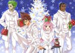  2boys 2girls :d akira_ituki arms_up blue_eyes box brown_eyes brown_hair christmas christmas_tree closed_mouth coat dark-skinned_male dark_skin earrings facial_hair fire_bomber gift gift_box green_eyes green_hair guvava hair_intakes hands_in_pocket jewelry long_hair long_sleeves looking_at_viewer macross macross_7 multiple_boys multiple_girls mustache mylene_jenius nekki_basara open_clothes open_coat pants pink_hair pointy_ears ray_lovelock red_lips ribbed_sweater round_eyewear shiny shiny_hair short_hair short_shorts shorts sitting smile snowflakes spiked_hair standing sunglasses sweater thighhighs veffidas_feaze very_long_hair white_coat white_footwear white_legwear white_pants white_shorts white_sweater 