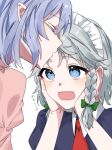  2girls bangs blue_eyes bow braid closed_eyes closed_mouth collared_dress dress eringi_(rmrafrn) eyebrows_visible_through_hair green_bow grey_hair hair_bow hands_on_own_face hands_up heart heart_in_eye highres izayoi_sakuya juliet_sleeves kiss long_sleeves looking_at_another maid_headdress multiple_girls necktie no_hat no_headwear open_mouth pink_dress pointy_ears puffy_short_sleeves puffy_sleeves purple_dress purple_hair red_necktie remilia_scarlet short_hair short_sleeves simple_background symbol_in_eye touhou twin_braids yuri 