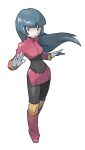  1girl absurdres bangs black_hair blunt_bangs bodysuit boots breasts closed_mouth cropped_jacket floating_hair full_body gloves highres jacket long_hair long_sleeves looking_to_the_side official_art over-kneehighs pantyhose pink_eyes pink_footwear pink_jacket pink_skirt pokemon pokemon_(game) pokemon_frlg sabrina_(pokemon) side_slit skirt solo standing sugimori_ken thighhighs turtleneck turtleneck_jacket white_gloves yellow_legwear 