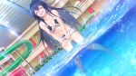  1girl :d ^_^ bangs barefoot bikini bikini_shorts black_bikini blue_hair blush boku_no_mirai_wa_koi_to_kakin_to breasts cleavage closed_eyes collarbone dutch_angle facing_viewer floating_hair game_cg hair_between_eyes halterneck highres indoors large_breasts long_hair mahara_shiori navel nironiro partially_underwater_shot pool shiny shiny_hair short_shorts shorts smile solo splashing standing swimsuit two-tone_bikini very_long_hair wading white_bikini 