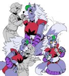 2022 animatronic anthro biped bottomwear bracelet breasts canid canine canis claws clothed clothing collar digital_media_(artwork) duo face_mask female female/female finger_claws five_nights_at_freddy&#039;s five_nights_at_freddy&#039;s:_security_breach fully_clothed fur gloves green_hair hair hand_on_chin handwear human iriedono jewelry kiss_mark kissing kneeling larger_anthro larger_female lipstick machine makeup mammal purple_body purple_fur robot roxanne_wolf_(fnaf) scottgames shorts shoulder_pads simple_background size_difference smaller_female smaller_human spiked_bracelet spiked_collar spikes tail_motion tailwag video_games white_background white_body white_fur white_hair wolf yellow_eyes 