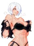  1girl abs angel_(kof) bare_shoulders bra breasts cropped_jacket fingerless_gloves gloves hair_over_one_eye highres jacket large_breasts leather leather_jacket minew muscular muscular_female open_clothes open_jacket snk solo strapless strapless_bra the_king_of_fighters the_king_of_fighters_xiv toned underwear undressing white_hair 